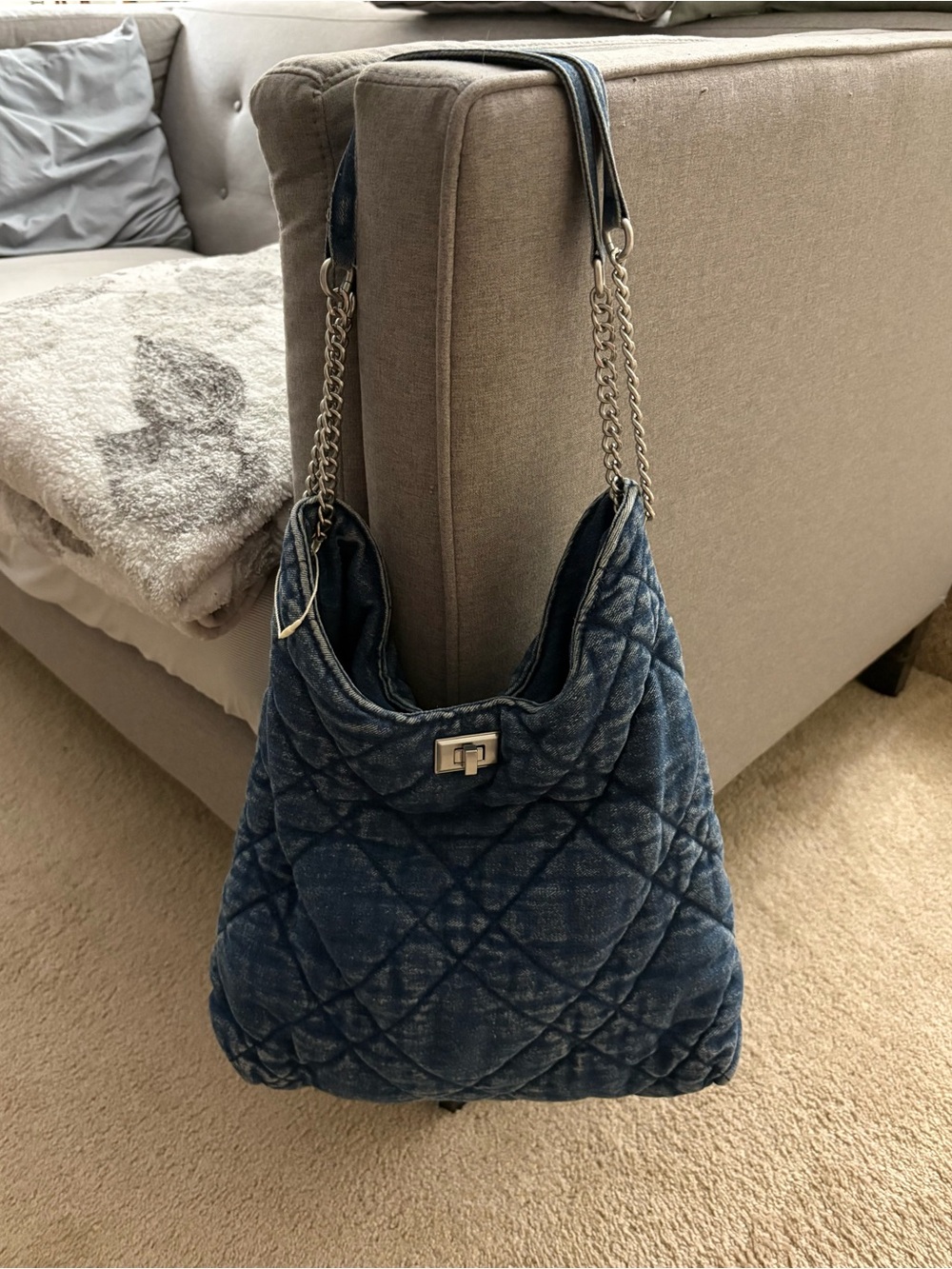 Quilted Denim Hobo Bag - Blue